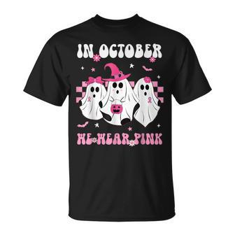 In October We Wear Pink Retro Ghosts Halloween Breast Cancer T-Shirt - Seseable