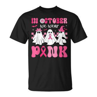 In October We Wear Pink Ribbon Ghost Halloween Breast Cancer T-Shirt | Mazezy