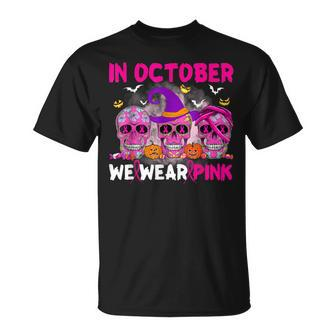 In October We Wear Pink Ribbon Halloween Breast Cancer T-Shirt | Mazezy