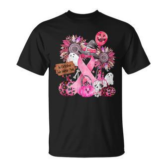 In October We Wear Pink Ribbon Leopard Pumpkin Breast Cancer T-Shirt - Seseable