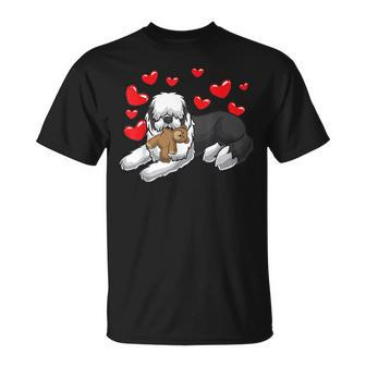 Old English Sheepdog Dog With Stuffed Animal And Hearts T-Shirt | Mazezy