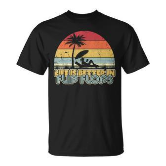 Palm Tree Beach Retro Life Is Better In Flip Flops T-Shirt | Mazezy
