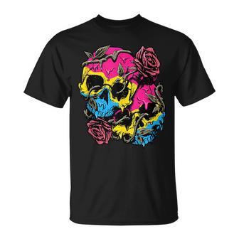 Pansexual Pride Pan Flag Skull Roses Subtle Lgbtq Unisex T-Shirt | Mazezy