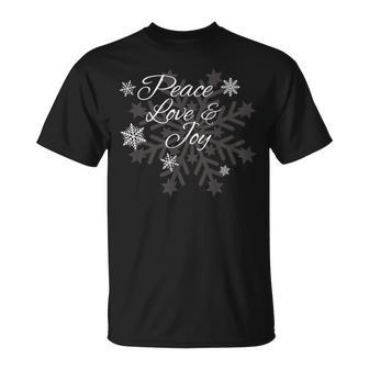 Peace Love & Joy Holiday Season Snowflake Themed X-Mas T-Shirt | Mazezy