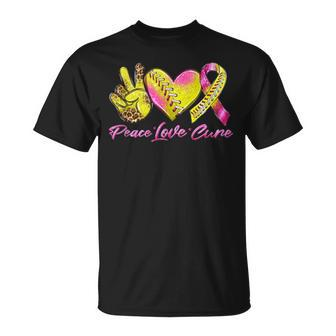 Peace Love Cure Pink Ribbon Softball Breast Cancer Awareness T-Shirt - Seseable