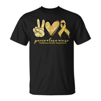 Peace Love Cure Yellow Ribbon Childhood Cancer Awareness T-Shirt - Monsterry