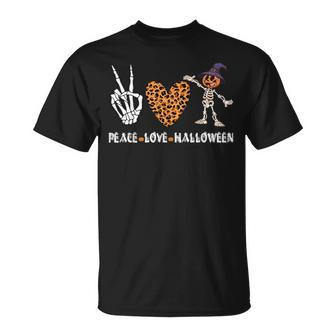 Peace Love Halloween Scary Pumpkin Leopard Heart Skeleton T-Shirt - Seseable