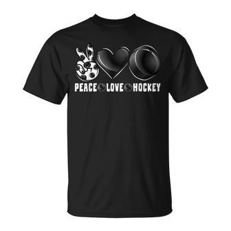 Peace Love Hockey Funny Mommy Dad Boys Girls Son Daughter Unisex T-Shirt - Seseable