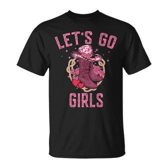 Pink Cowboy Hat Boots Lets Go Girls Western Cowgirls Unisex T-Shirt | Mazezy