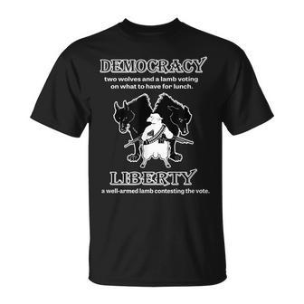 Political Liberty Vs Democracy Lamb Two Wolves Novelty Gift Unisex T-Shirt | Mazezy