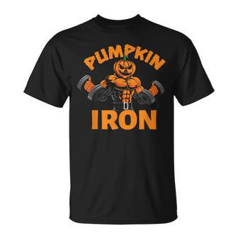 Pumpkin Iron Halloween Gym Workout Lifting Pun T-Shirt - Seseable