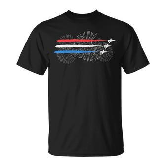 Red White And Blue Fighter Jets With Fireworks 4Th Of July Unisex T-Shirt - Monsterry