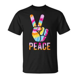 Retro 60’S 70’S Tie Dye Peace V Hand Sign Hippie Graphic T-Shirt - Seseable