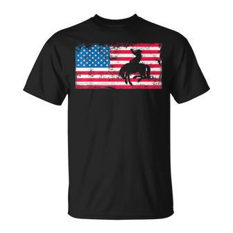 Retro American Flag Rodeo Bronc Horse Riding Cowboy Cowgirl Unisex T-Shirt | Mazezy CA