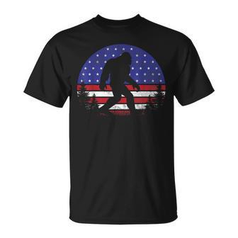 Retro Bigfoot American Flag 4Th Of July Sasquatch Patriotic Unisex T-Shirt | Mazezy