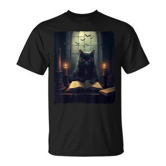 Retro Black Cat Reading Book Vintage Halloween Book Lover T-Shirt - Seseable