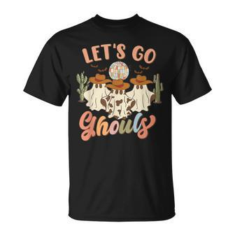 Retro Halloween Let's Go Ghouls Western Ghosts Disco Ball T-Shirt