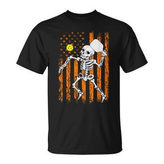 Retro Skeleton Playing Pickleball Usa Flag Halloween Boys T-Shirt - Seseable