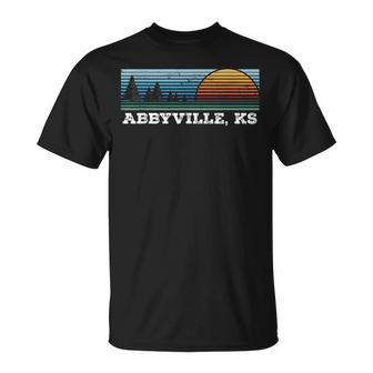Retro Sunset Stripes Abbyville Kansas T-Shirt | Mazezy