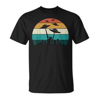 Retro Ufo Attack Sunset Cool Vintage Sci Fi Flying Saucers T-Shirt | Mazezy CA