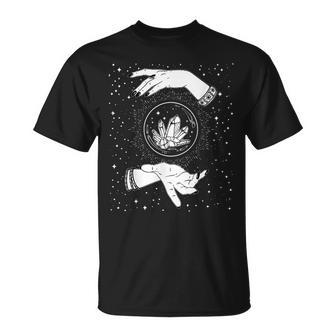 Retro Vintage Witchy Crystal Ball Witch Hands & Stars Black Retro T-Shirt | Mazezy