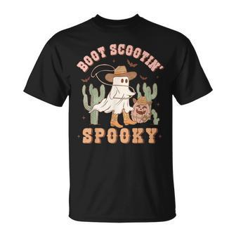 Retro Western Halloween Cowboy Ghost Boot Scootin Spooky T-Shirt | Mazezy