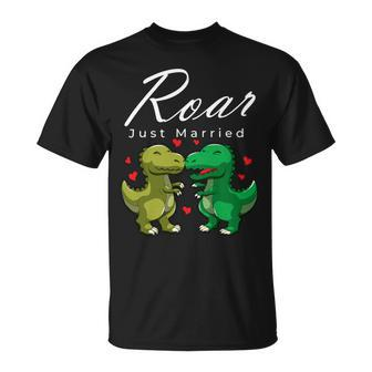 Roar Just Married Kissing Trex Valentines Day Honeymoon Unisex T-Shirt - Monsterry DE