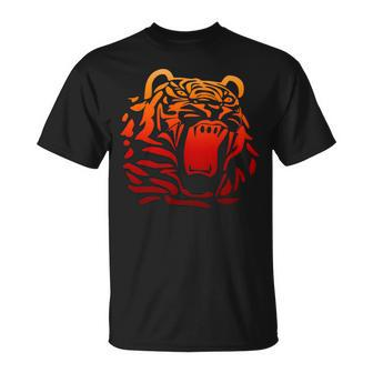 Roaring Tiger Head Tribal Tattoo Style Orange Gradient Unisex T-Shirt - Monsterry UK