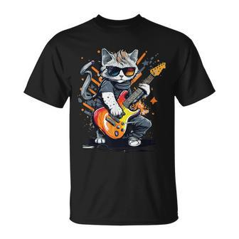 Rock Cat Playing Guitar Guitar Cat T-Shirt - Monsterry UK
