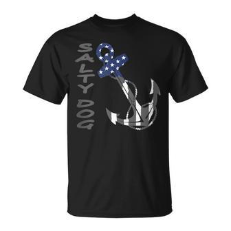 Salty Dog Blue And Grey American Flag Anchor Unisex T-Shirt | Mazezy