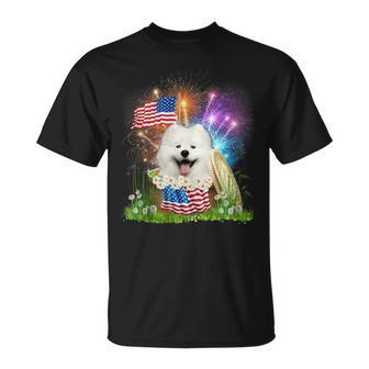 Samoyed Patriotic American Flag Fireworks 4Th Of July Unisex T-Shirt | Mazezy