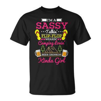 Sassy Flip Flop Camping Beer Drinking Girl Funny Summer Camp Unisex T-Shirt | Mazezy
