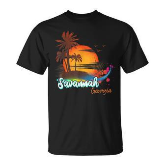 Savannah Georgia Beach Summer Vacation Palm Trees Sunset Men Georgia Gifts And Merchandise Funny Gifts Unisex T-Shirt | Mazezy
