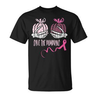 Save The Pumpkin Boobs Skeleton Hand Halloween Breast Cancer T-Shirt | Mazezy
