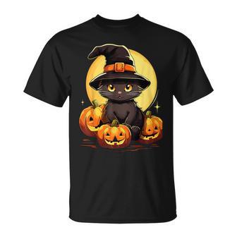 Scary Black Cat Witch Hat Pumpkin Vintage Halloween Costume T-Shirt | Seseable CA