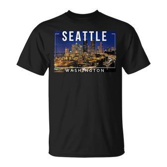 Seattle Washington Skyline Space Needle Mount Rainier T-Shirt | Mazezy