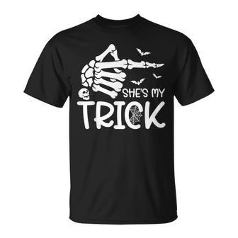 She's My Trick Skeleton Hand Halloween Costume Couples T-Shirt