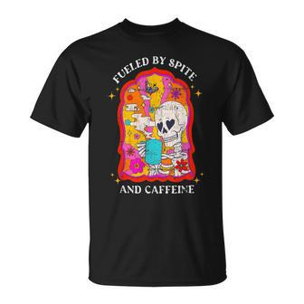 Skeleton Fueled By Spite And Caffeine T-Shirt | Mazezy