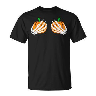 Skeleton Hand Boob Pumpkin Spooky Season Retro Halloween T-Shirt | Mazezy