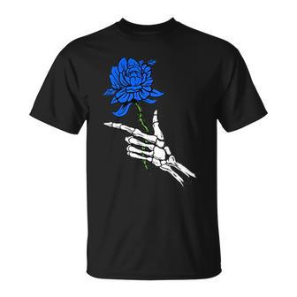 Skeleton Hand Holding A Blue Rose Unisex T-Shirt | Mazezy