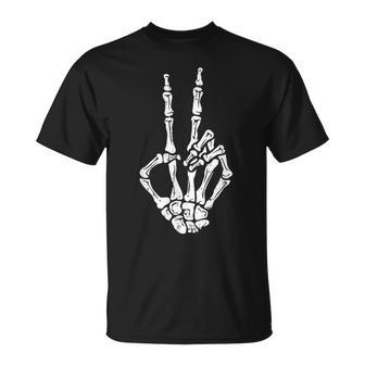 Skeleton Hand Peace Sign Halloween Costume Bones T-Shirt - Seseable