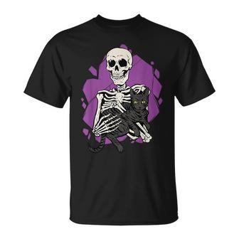 Skeleton Holding A Black Cat Lazy Halloween Costume Skull T-Shirt
