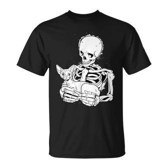 Skeleton Holding A Cat Lazy Halloween Costume Skull T-Shirt - Seseable