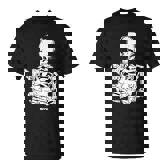 Skeleton Holding A Cat Lazy Halloween Costume Skull T-Shirt - Seseable