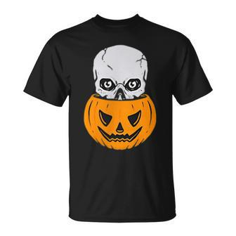 Skull Pumpkin Halloween Subtle Minimal Trick Or Treat Halloween T-Shirt | Mazezy