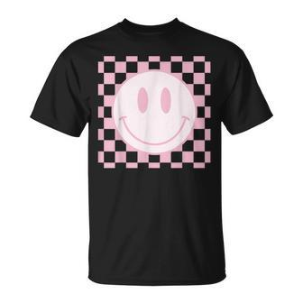Smile Face Pink Vintage Checkered Pattern Retro Happy Face Unisex T-Shirt | Mazezy