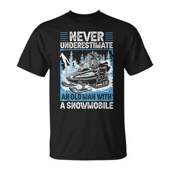 Snowmobile Never Underestimate Old Man Snowmobiling Funny Unisex T-Shirt - Seseable