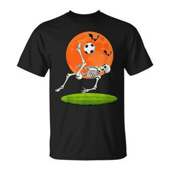 Soccer Skeleton Overhead Kick Soccer Player Halloween Moon T-Shirt - Monsterry
