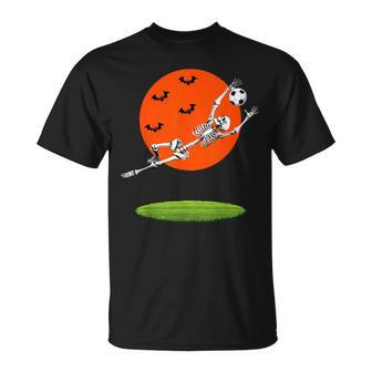 Soccer Skeleton Soccer Player Goalie Halloween Sports Moon T-Shirt - Monsterry