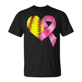 Softball Heart Pink Ribbon Warrior Breast Cancer Awareness T-Shirt - Seseable